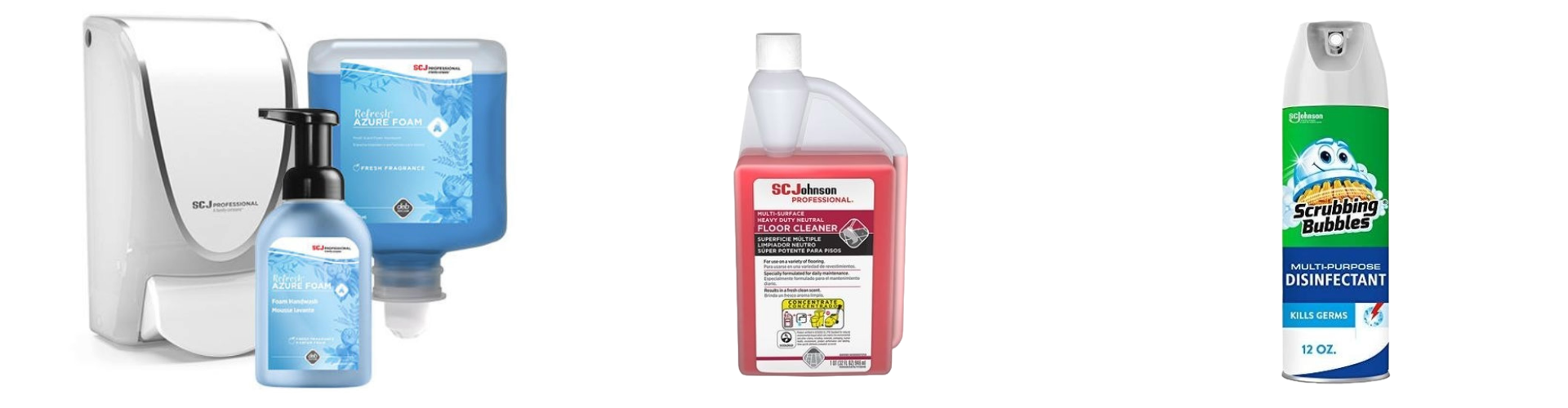 SC Johnson Professional 680081 Heavy Duty Neutral Floor Cleaner, Deb® AZU1L Refresh™ Azure Foam Handwash, and SC Johnson Professional Scrubbing Bubbles Spray Disinfectant
